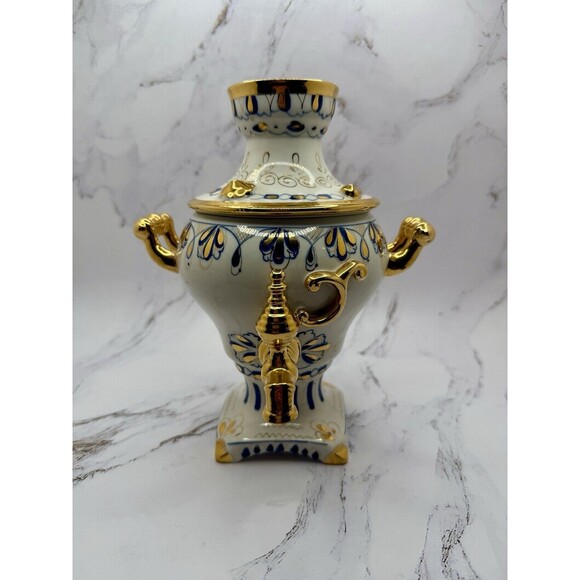 Vintage Gzhel Handmade Russian Porcelain Samovar, Hand-Painted, 8.5" Tall - Picture 1 of 17
